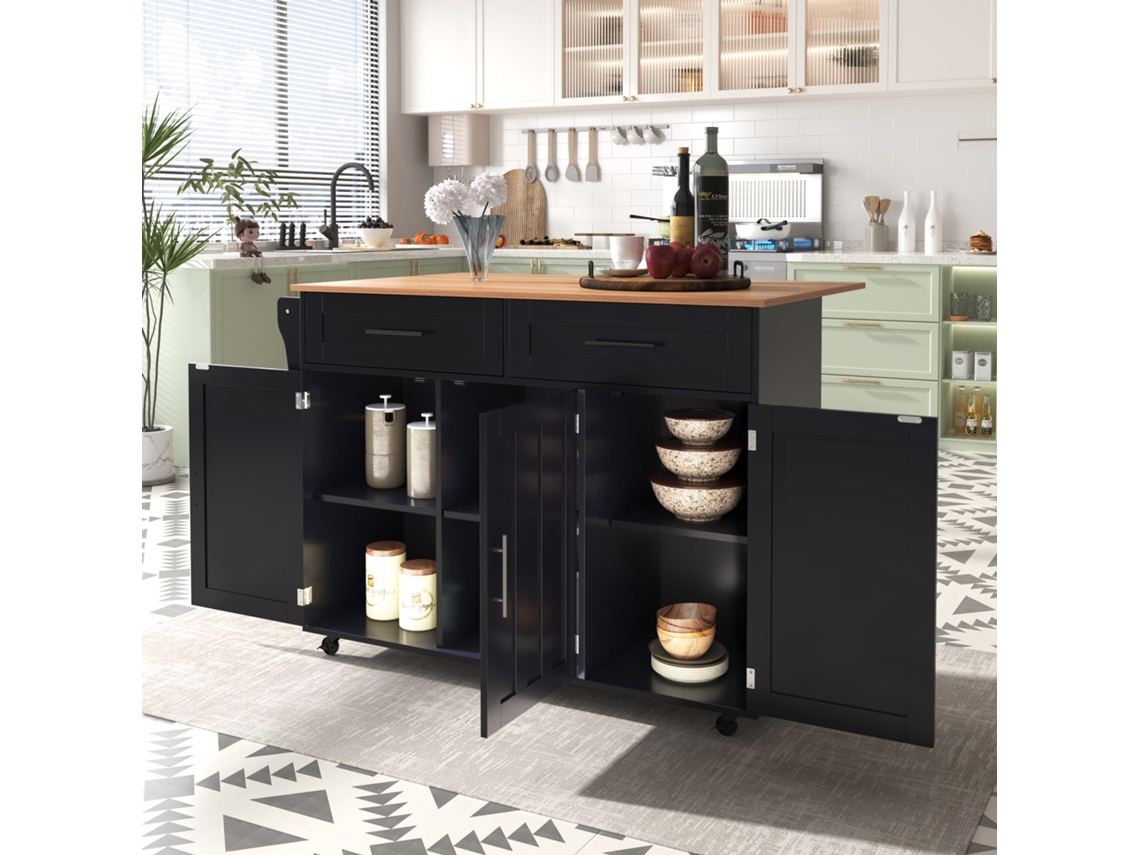 Carrinho De Cozinha 129x46 X91,5 Cm Mesa Rebatível, Prateleiras Internas, 5 Rodas, 2 Gavetas Preto Estilo (71)