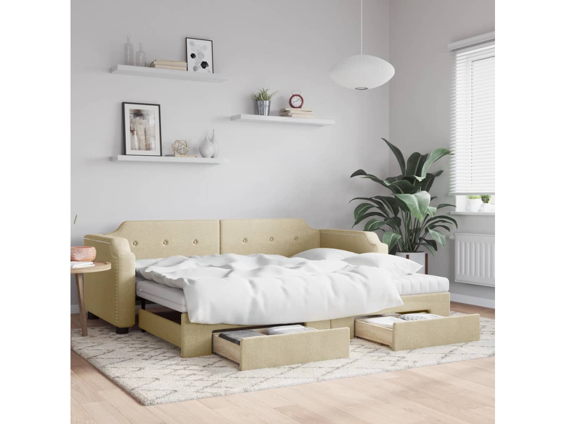 Vidaxl Sofá-cama Com Gavetão E Gavetas 100x200 Cm Tecido Cor Creme