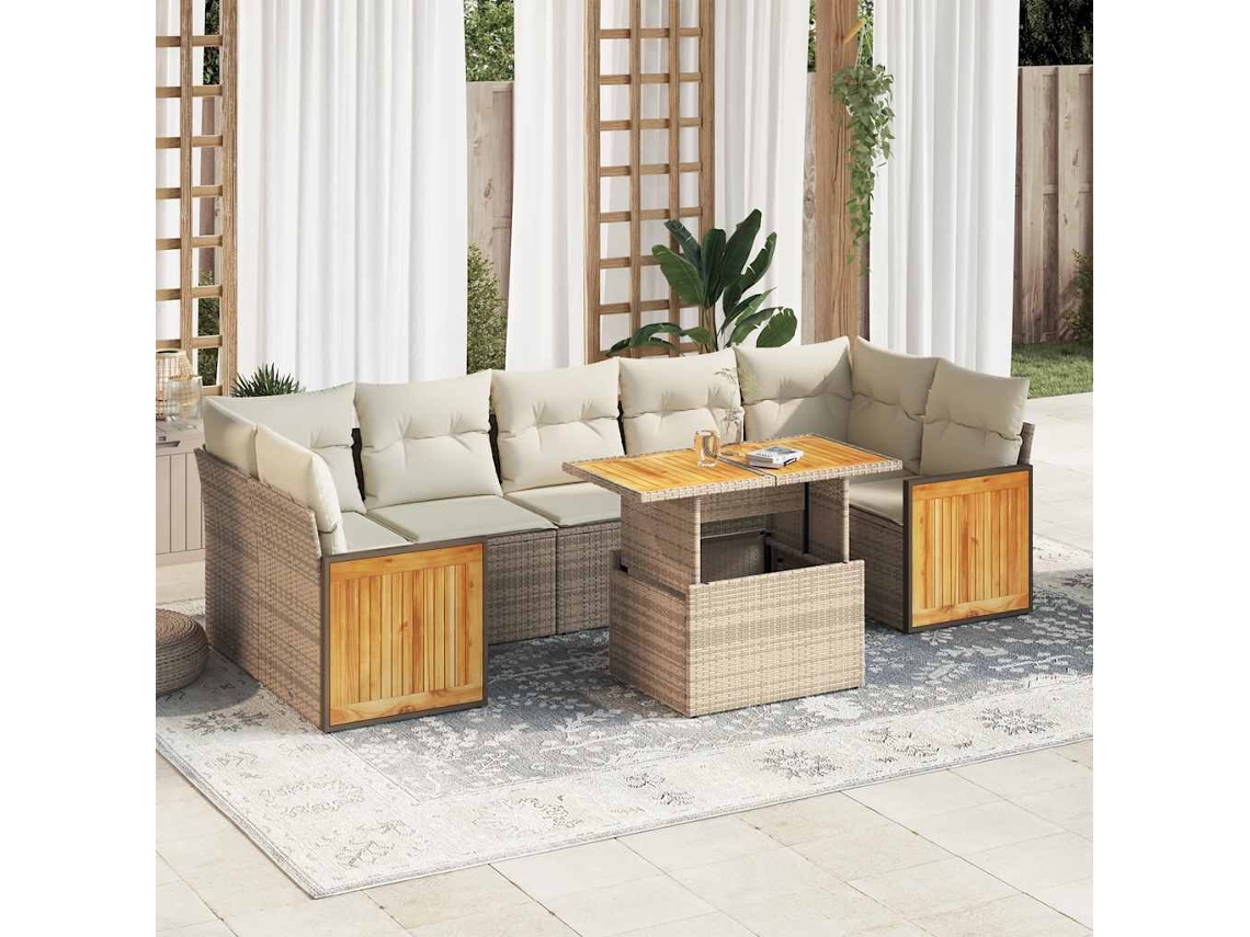 Vidaxl 8 Pcs Conjunto Sofás Jardim Com Almofadões Vime Pe/acácia Bege