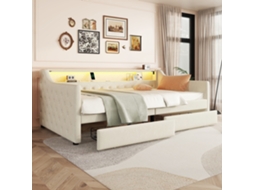 Cama Dia Bege 90x200cm, Sofá-cama, Led, 2 Gavetas, Usb, Ripas, Linho. -op