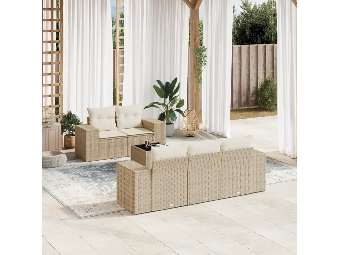 Vidaxl 6 Pcs Conjunto De Sofás P/ Jardim Com Almofadões Vime Pe Bege