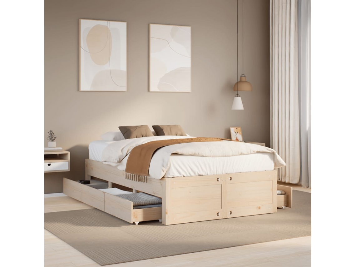 Vidaxl Cama Sem Colchão Com Gavetas 135x190 Cm Madeira De Pinho Maciça