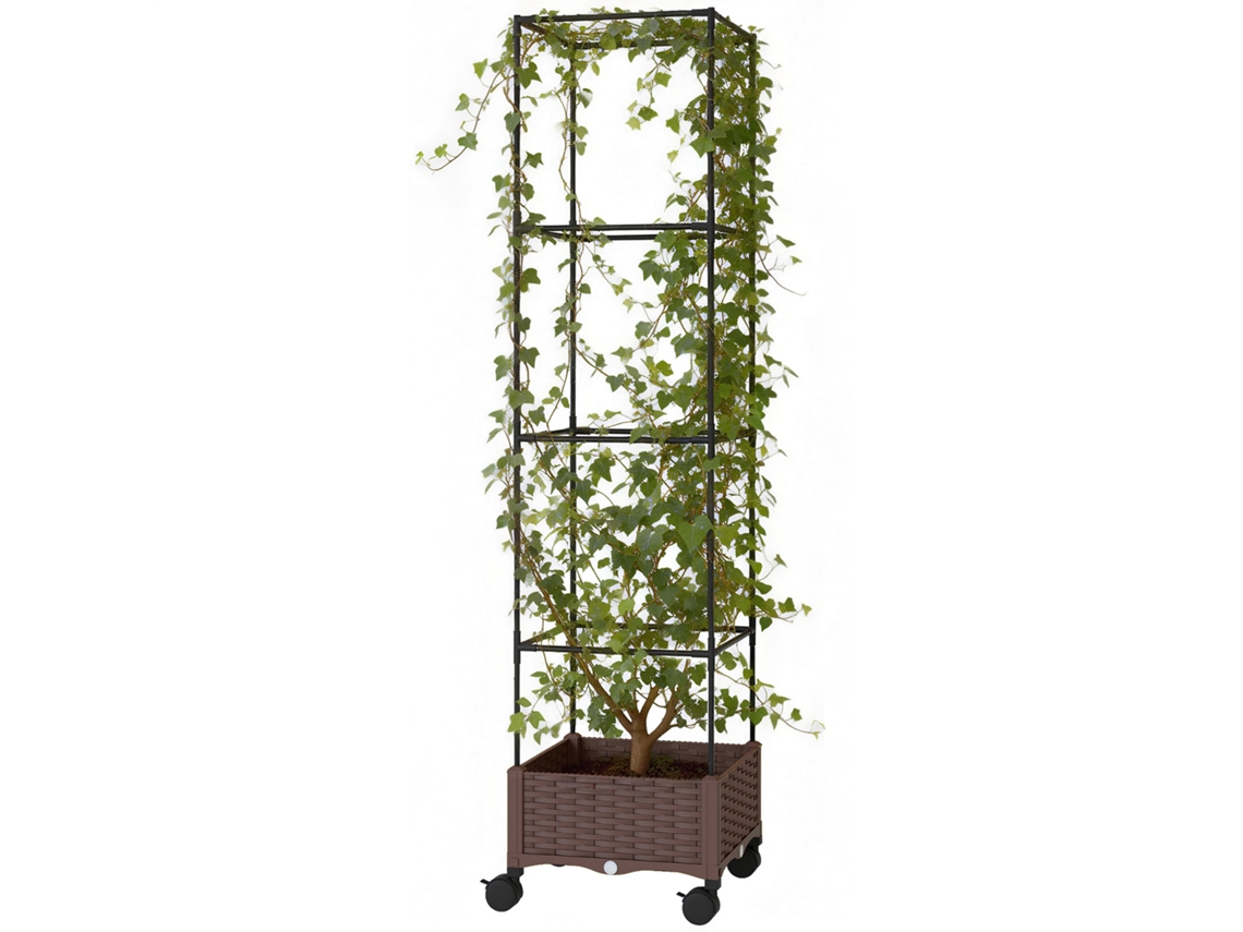 Vaso Elevado Com Treliça De 20l, Rodas Trancáveis E Sistema De Autoirrigação, Brown