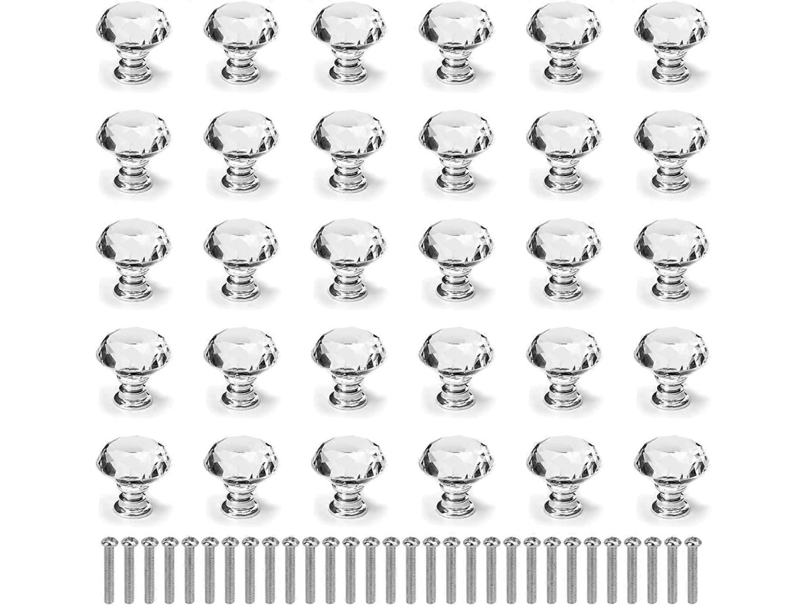 Jogo de 30 Puxadores de Cristal, Diamante, 30mm, para Móveis, com Parafusos, S/MARCA