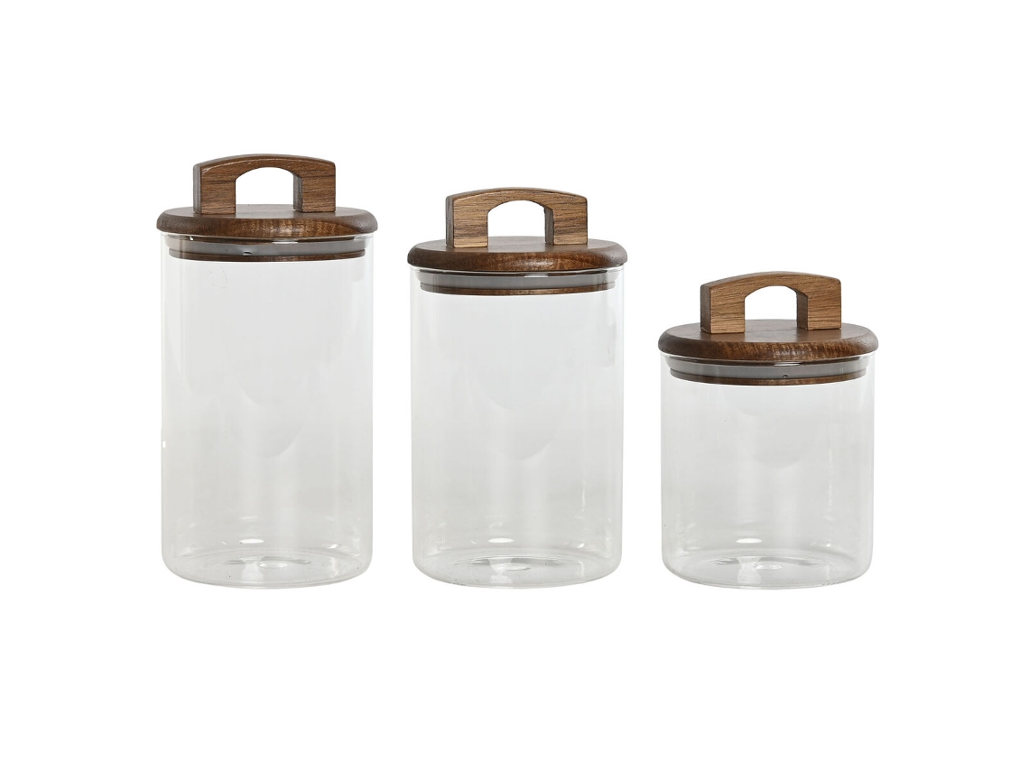 Conjunto de 3 Potes HOME ESPRIT Castanho Transparente Acácia Vidro de Borosilicato 650 ml 900 ml 1 L 3 Peças