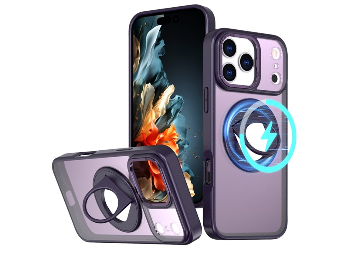 Capa Transparente Roxa Para Iphone 17 Pro Com Suporte Giratório Magsafe