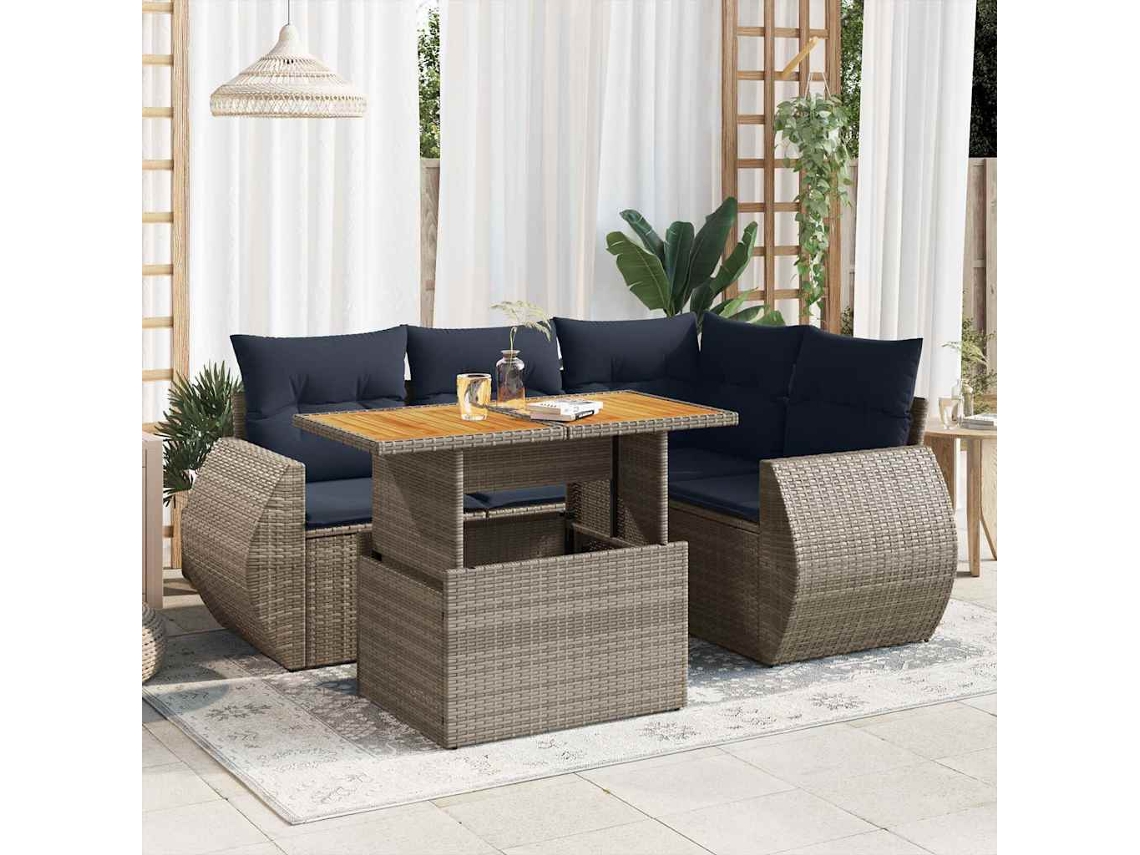 Vidaxl 5 Pcs Conjunto Sofás De Jardim C/ Almofadões Vime Pe Cinzento