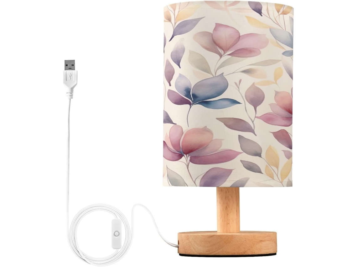 Abajur De Cabeceira Com Estampa Folhas Em Aquarela, Portas De Carregaje USB C, Luminária De Mesa Cabeceira, Luminária