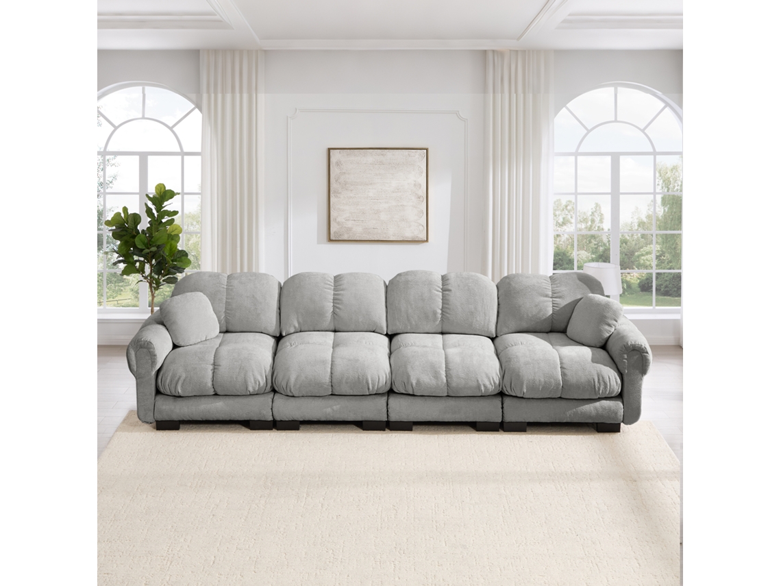 Sofá 3 Lugares, Estofado Em Chenille, Com Almofadas Acolchoadas, Encosto Ergonómico, Cinzento Claro