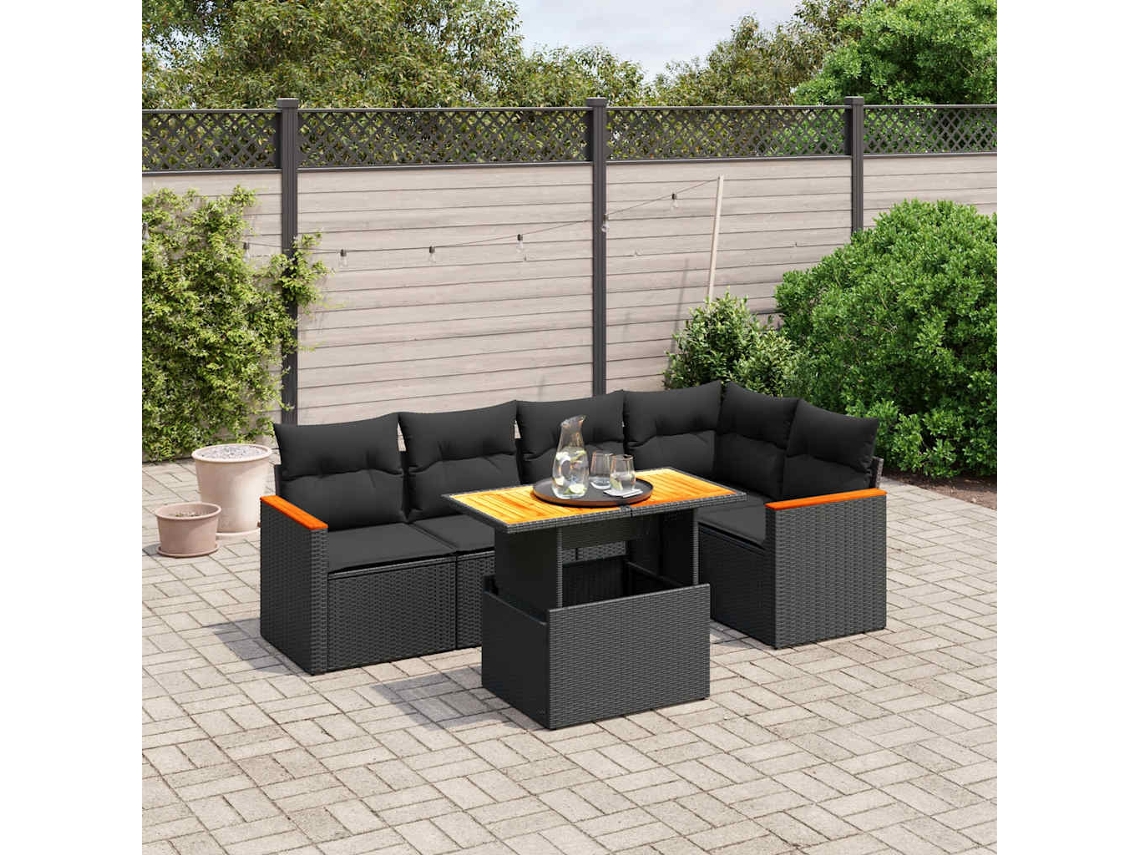 Vidaxl 6 Pcs Conjunto Sofás De Jardim C/ Almofadões Vime Pe Preto