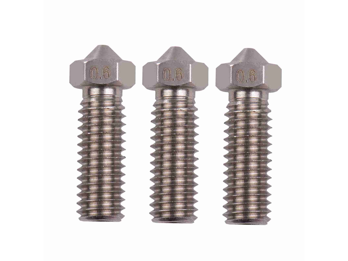 Bico Volcano De Aço Inox Para Impressora 3d, Fio 1.75mm, Furo 0.6mm, Rosca M6, 3 Unidades