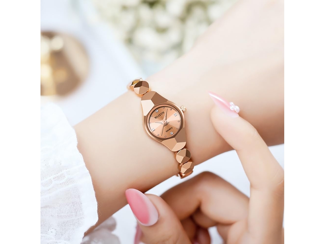 Lurelia Relógio Feminino, Detalhes Com Strass, Vidro Mineral, Resistente À Água, Rosa Ouro