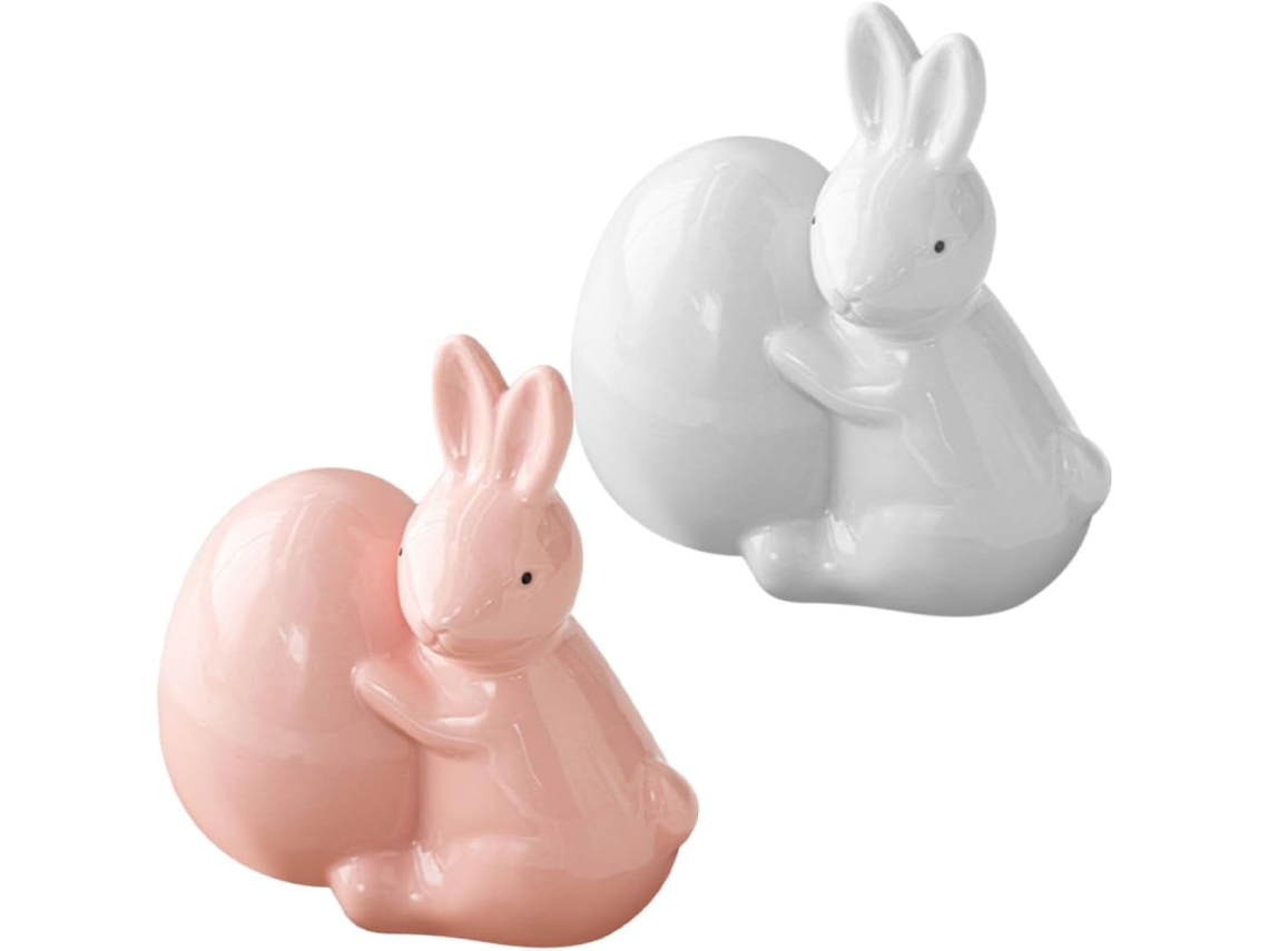 Conjunto De 2 Figuras De Coelho De Cerâmica Com Ovo, Decoração De Mesa De Páscoa, Enfeites De Primavera Para Jardim E Gokoco