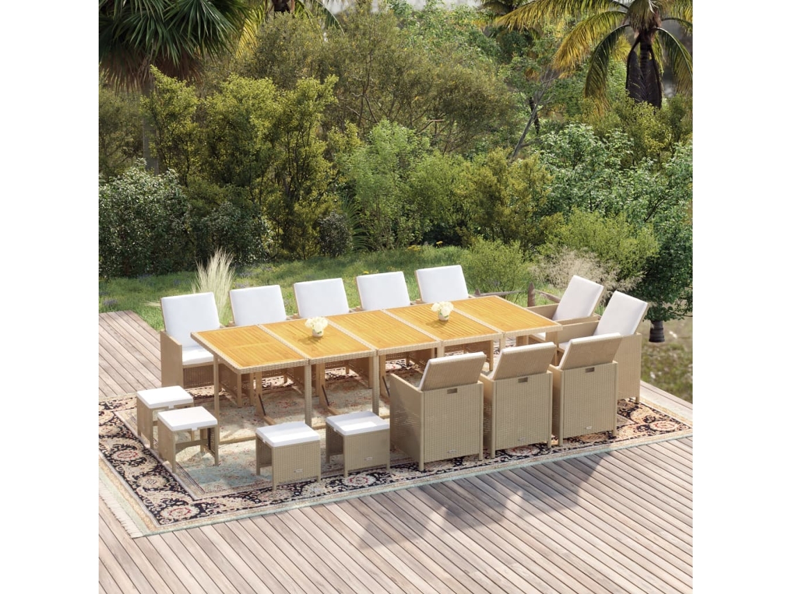 Vidaxl 15 Pcs Conjunto Jantar P/ Jardim C/ Almofadões Vime Pe Bege