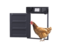 Portas automáticas para galinheiros e sistemas de controle de acesso para criação de pequenos animais com mecanismos de elevação.