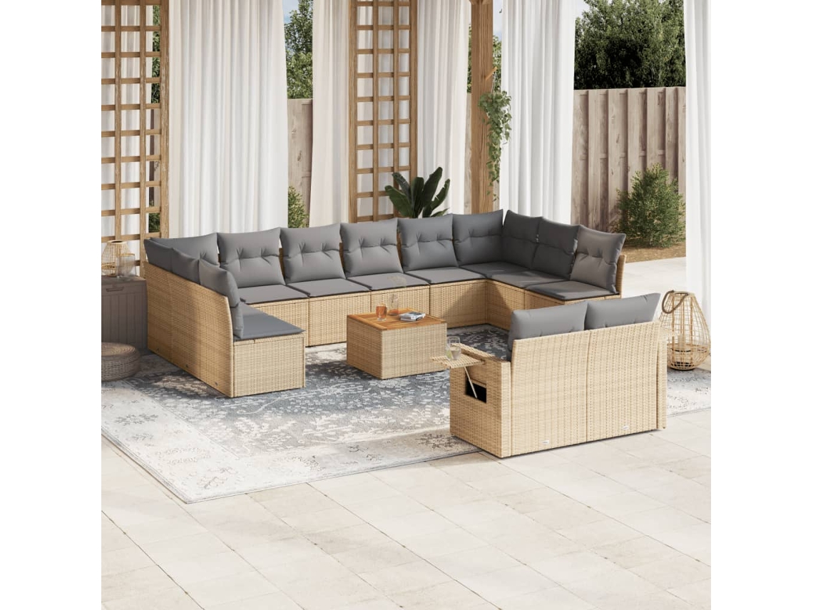 Vidaxl 13 Pcs Conjunto De Sofás P/ Jardim Com Almofadões Vime Pe Bege