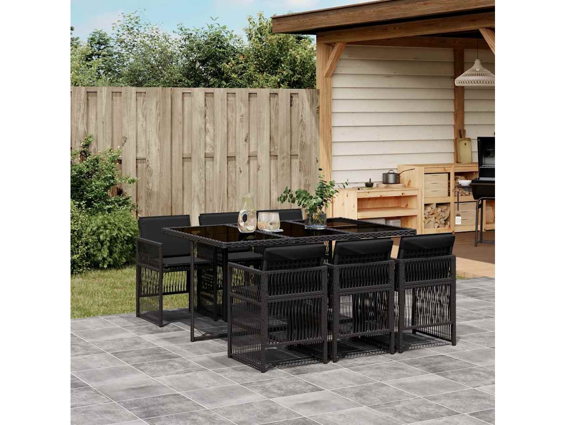 Vidaxl 7 Pcs Conjunto De Jantar P/ Jardim C/ Almofadões Vime Pe Preto