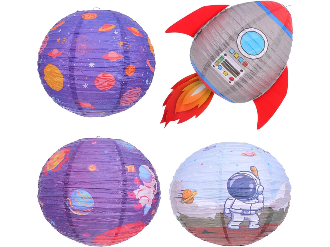 Conjunto De 4 Lanternas De Papel Com Tema Espacial: Foguete, Planeta Azul,