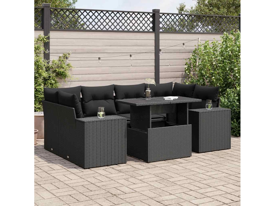 Vidaxl 7 Pcs Conjunto De Sofás P/ Jardim C/ Almofadões Vime Pe Preto