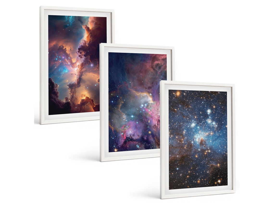 Quadros Decorativos Para Parede Paisagens Estelares Cósmicas Moldura Branca Pinturas De Quarto Espelharte (3 Piezas De 40x60 Cm)