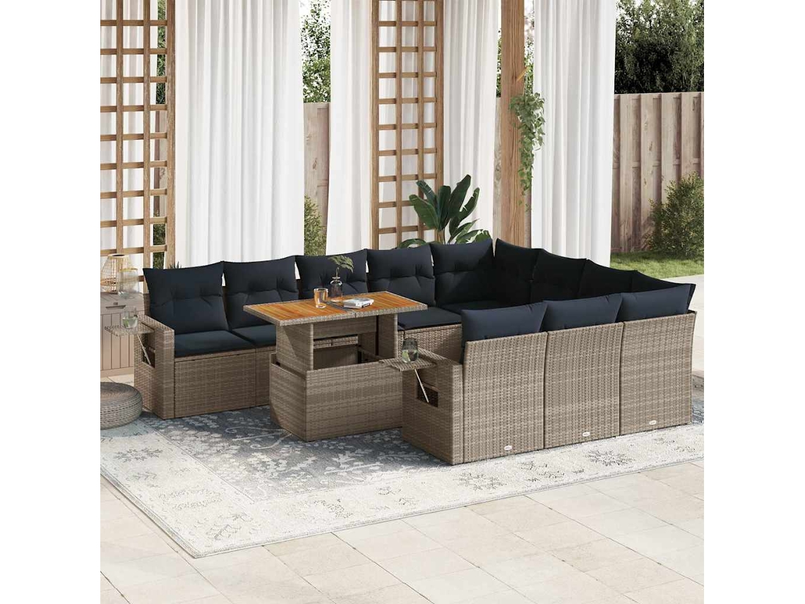 Vidaxl 11 Pcs Conjunto Sofás De Jardim C/ Almofadões Vime Pe Cinzento