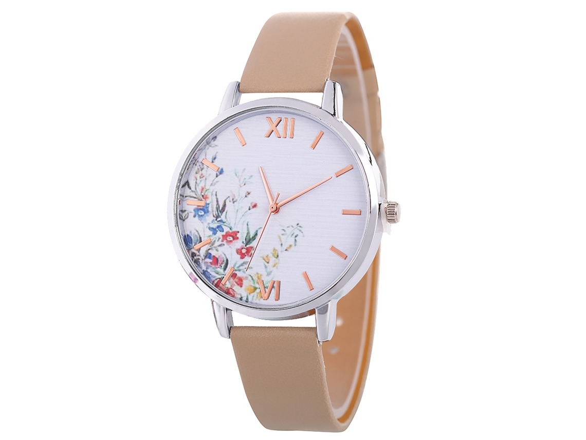 Relógio Feminino de Quartzo com Pulseira de Couro Pu Mostrador Floral Bege
