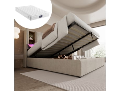 Cama Casal Com Carregamento Sem Fio Usb C, Estrutura 160x200cm, Base De Madeira E Armazenamento - Linho Natural (inclui Colchão)