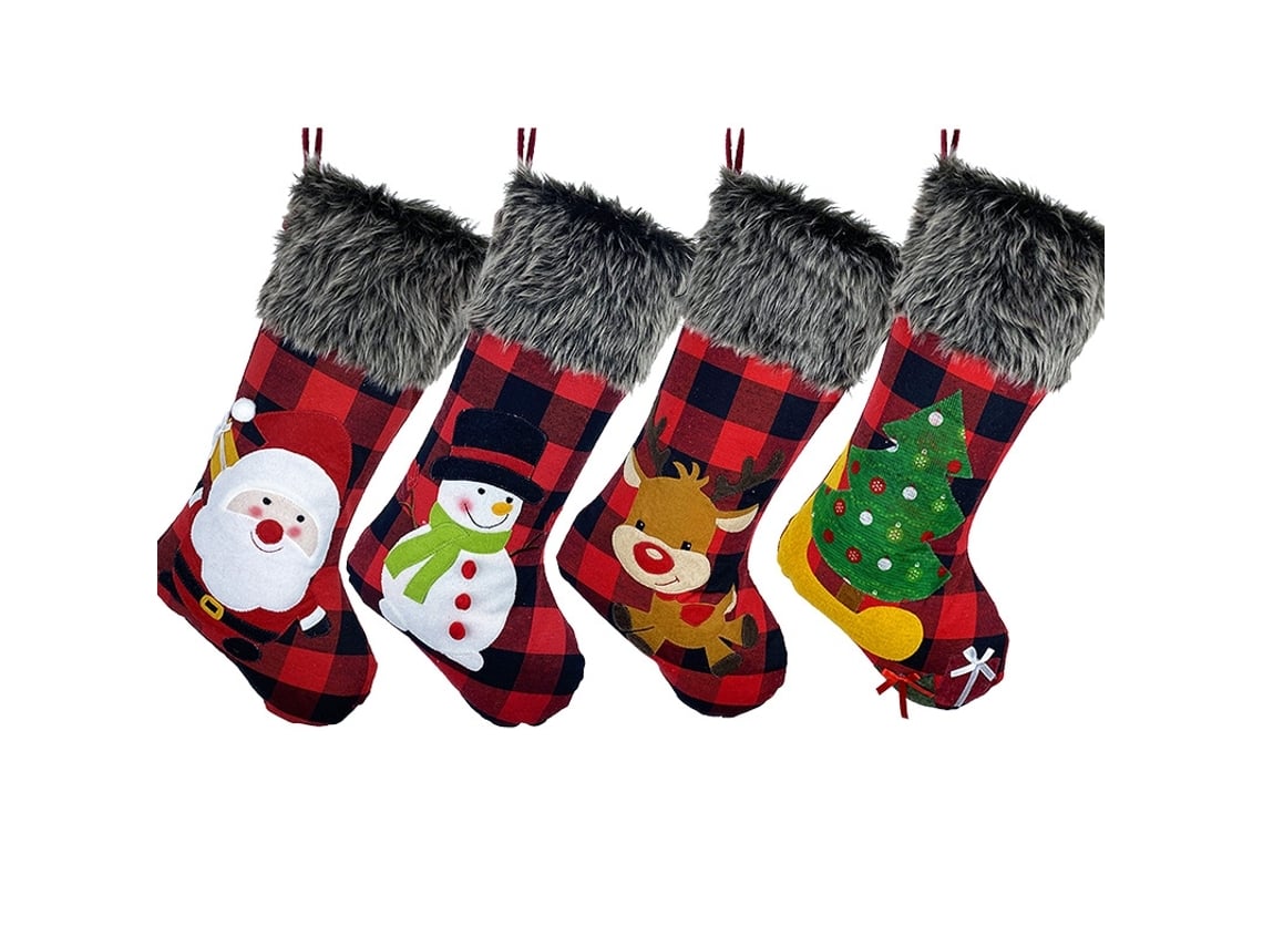 Conjunto de 4 Meias de Natal em Tecido Estilo Campestre com Detalhes de Pele, Ergonômico, Uso Diário STELASPLEN