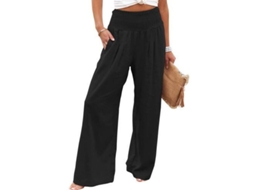 Calça feminina Rebe de cintura alta, modelagem pantalona e elástica, com bolsos, tamanho G, preta.