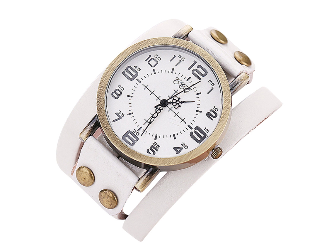 Relógio de quartzo vintage unissex CCQ com pulseira de couro PU branca.