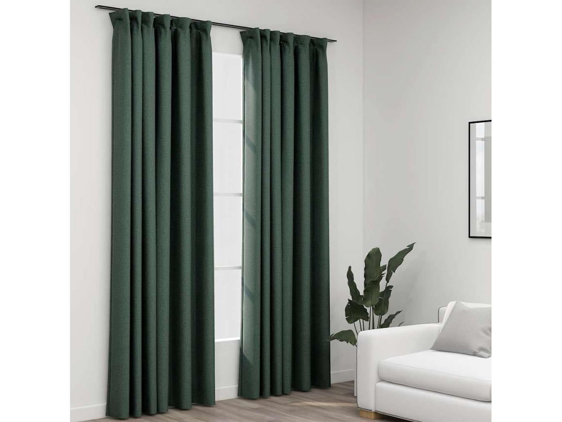 Vidaxl Cortinas Opacas Aspeto Linho C/ Ganchos 2 Pcs 140x225 Cm Verde