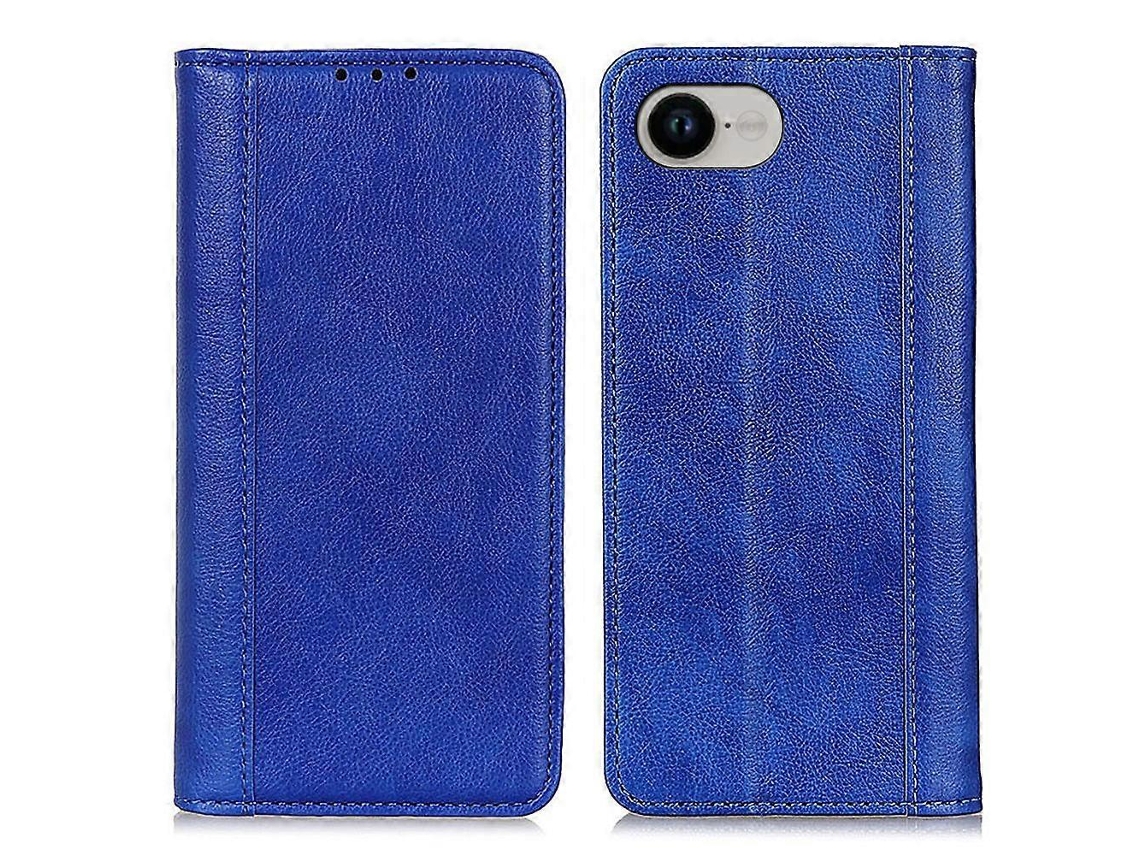 Capa Tipo Carteira Com Textura De Lichia E Couro Rachado Para Iphone 16e - Azul