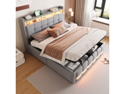 Cama 160x200 Led Usb Cabeceira Arrumação Prateleiras Linho Cinza