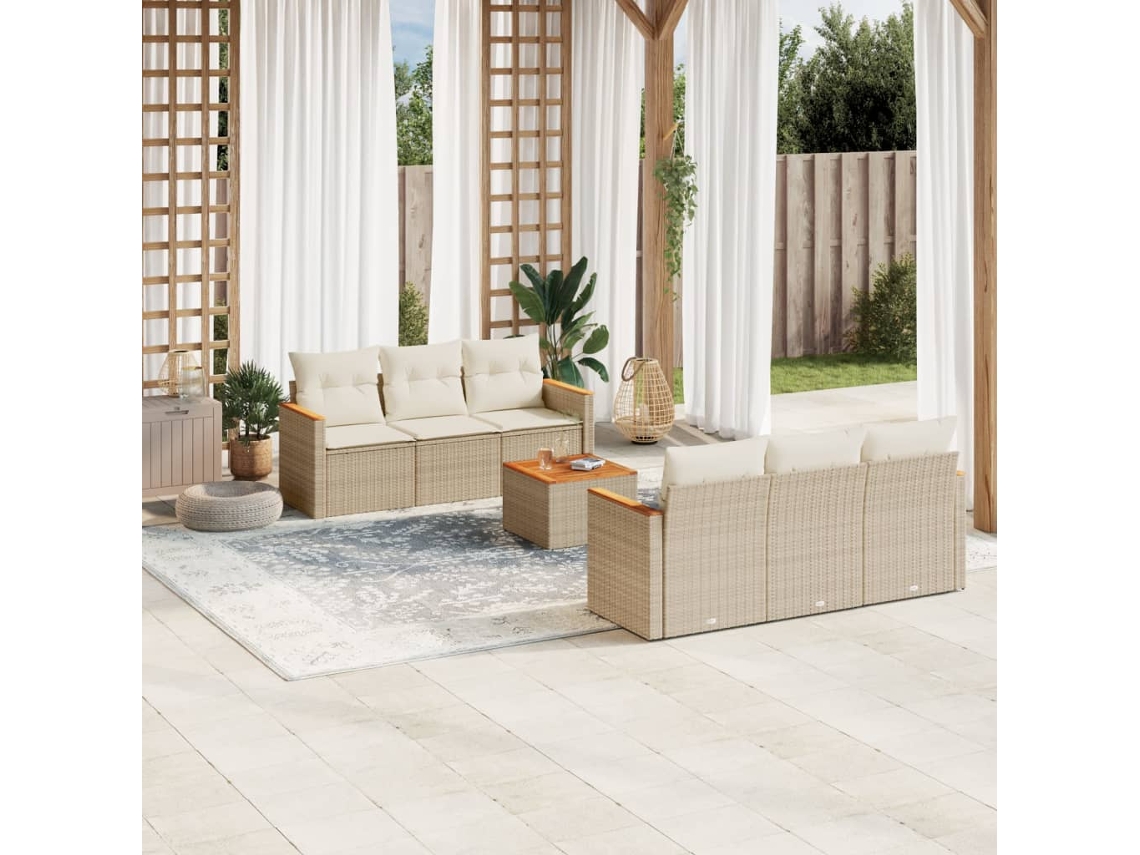 Vidaxl 7 Pcs Conjunto De Sofás P/ Jardim Com Almofadões Vime Pe Bege