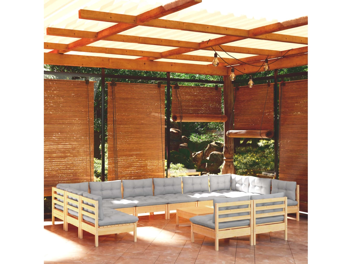 Vidaxl 13pcs Conjunto Lounge De Jardim + Almofadões Cinza Pinho Maciço