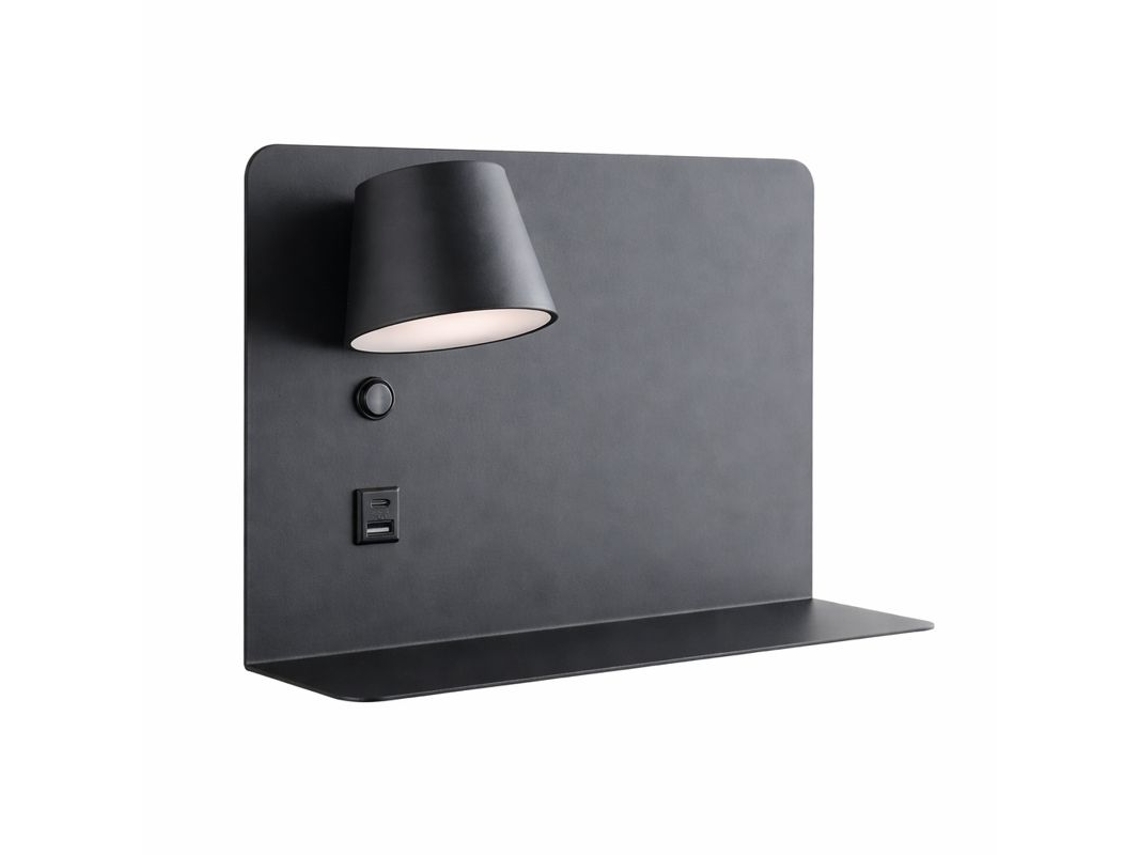Aplique De Parede Orientável Led 6w Com Usb E Type-c, Cct 2700-6000k, Interruptor E Bandeja, Metal Preto, Foco Esquerdo