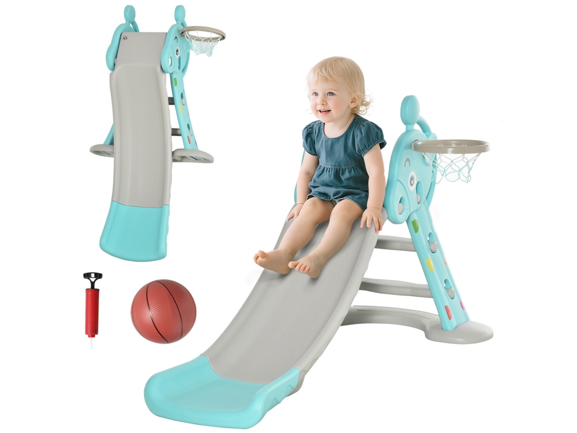 Escorrega Infantil 140x87x85,5cm Azul e Cinza 2 em 1 Dobrável, Formato Girafa com Cesta de Basquete para Maiores de 18 Meses. Ge