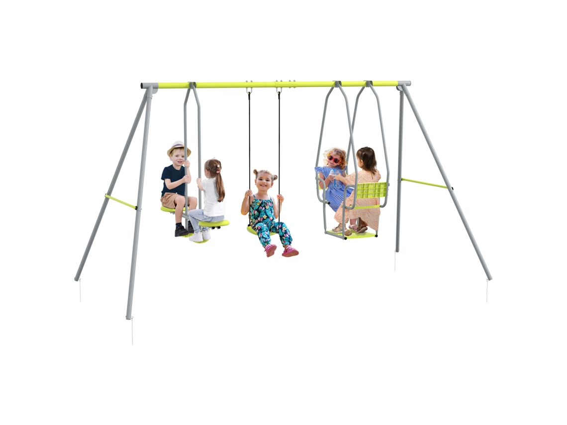 Conjunto De Balanço Infantil 3 Em 1 Com 2 Balanços Frente A Frente E 1 Assento De Balanço, Capacidade Máxima De 225 Kg, Verde.