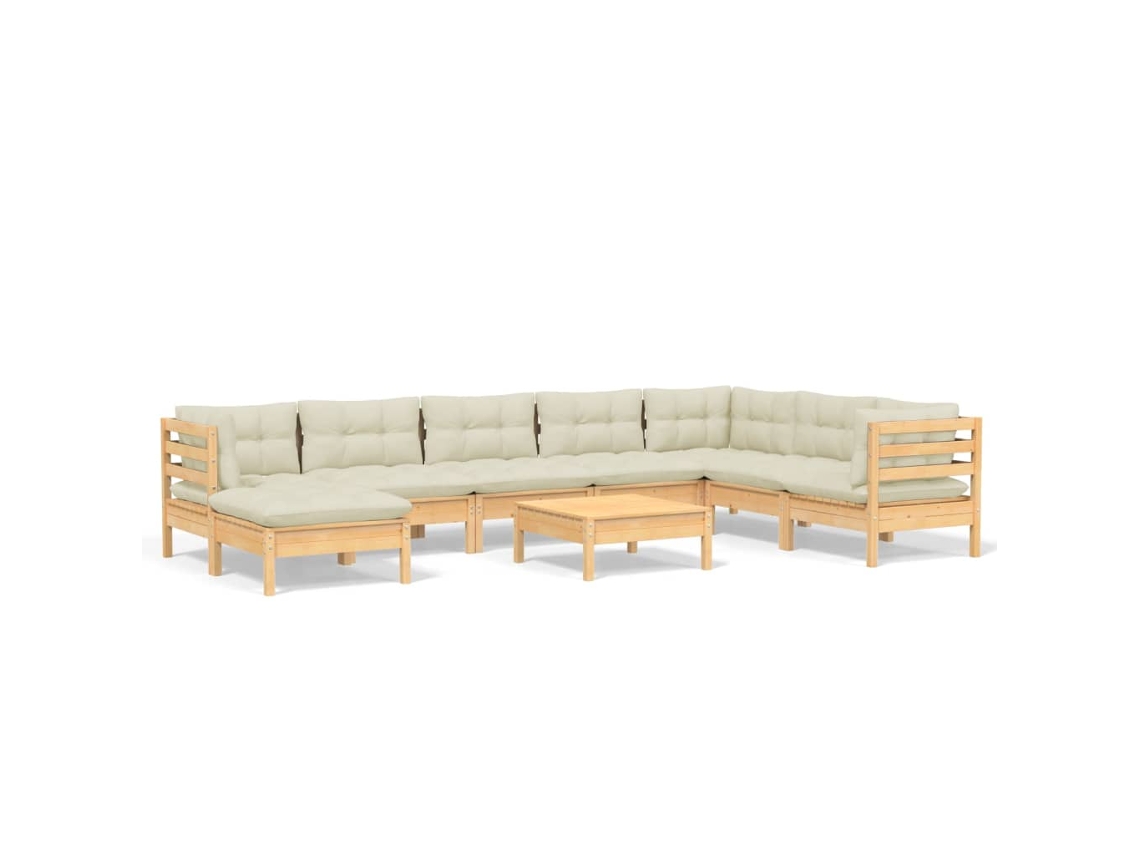 Conjunto de 9 Lounge de Jardim com Almofadões Creme Pinho Maciço MAISON EXCLUSIVE