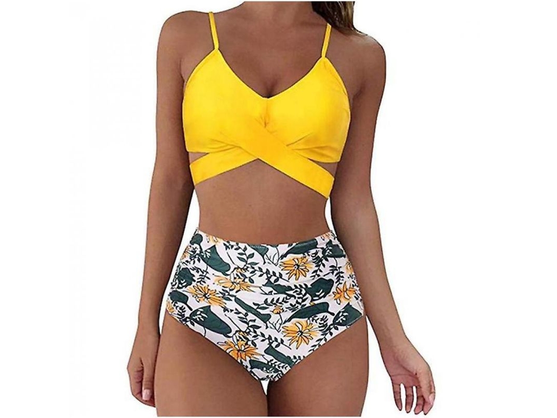 2026 traje de Banho de Duas Peças de Bikini Leopardo com Cintura Alta para Mulher Udv M Amarillo