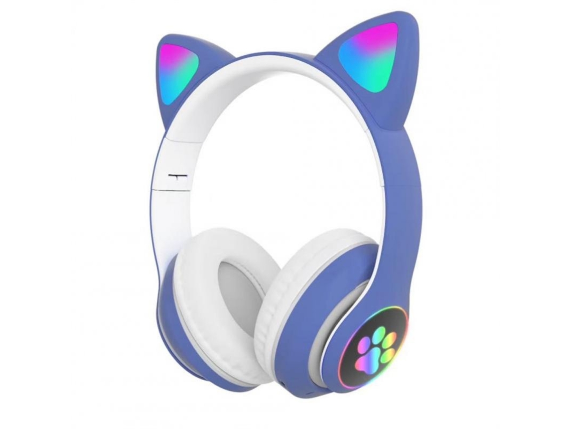 Auscultadores Bluetooth com Orelhas de Gato Fofos Sem Fio com Microfone Estéreo Música para Jogos Led Rgb Azul