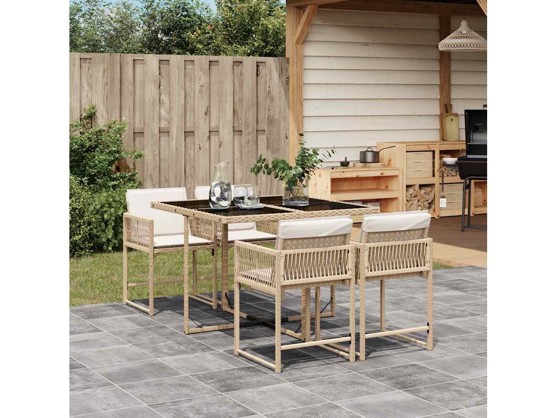 Vidaxl 5 Pcs Conjunto De Jantar P/ Jardim Com Almofadões Vime Pe Bege