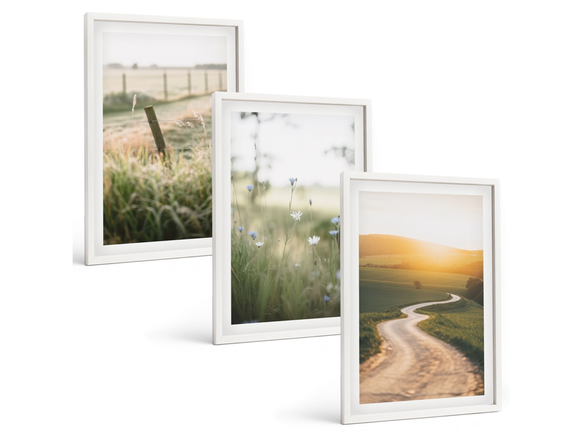 Conjunto De Pinturas Paisagem, Prado, Estrada, Pôr Do Sol Moldura Branca Pinturas De Quarto Espelharte (3 Piezas De 40x60 Cm)
