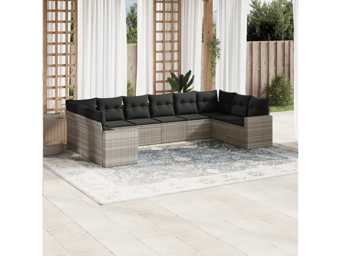 Vidaxl 10 Pcs Conj. Sofás Jardim Com Almofadões Vime Pe Cinzento-claro