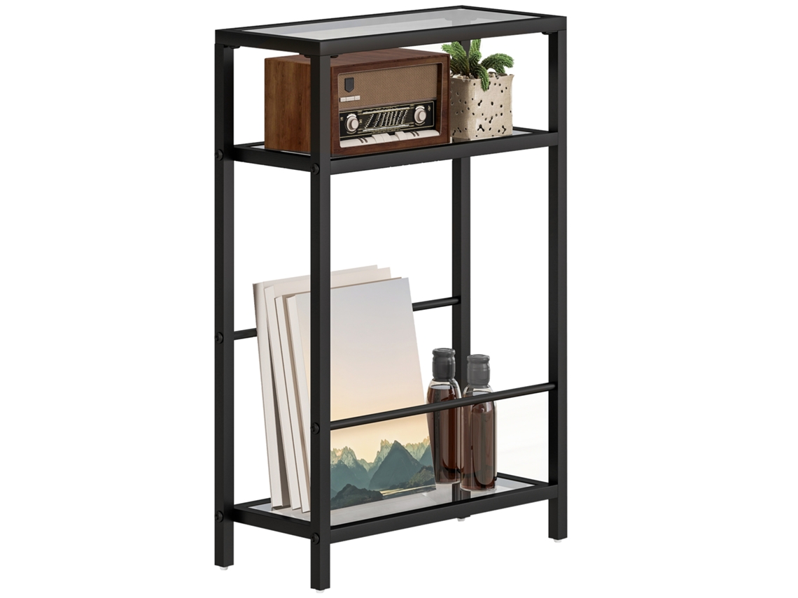 Mesa De Centro Compacta Com 3 Prateleiras Vidro E Aço 40x18x62 Cm, Preta