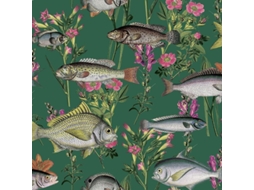 Papel De Parede Peixe Lagoa Holden Verde Com Flores E Peixes Ilustrados Vibrantes Verde