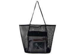 Bolsa de Praia Dobrável e Reutilizável em Tela com Bolso com Zíper, Tamanho Extra Grande, Ideal para Usar no Ombro Ou na Mão. Cor: Preta. GOKOCO