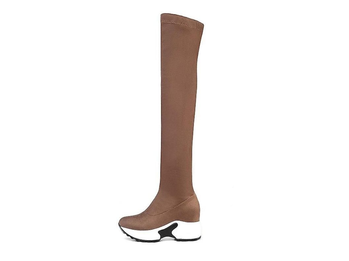 2026 botas de Média Perna com Bico Redondo de Tecido Elástico para Mulheres com Salto Plataforma de 9 Cm