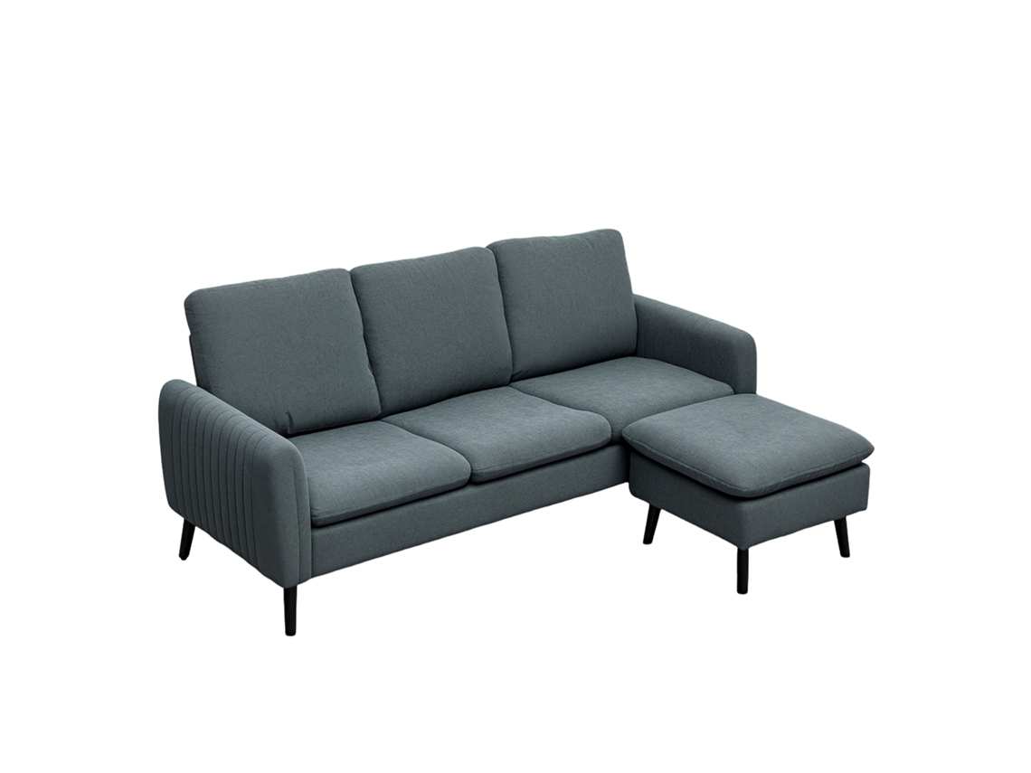 Sofá De Canto L 3 Lugares Com Puff, Tecido Estofado, Conjunto De Sofá Para Sala De Estar, Cinza Escuro