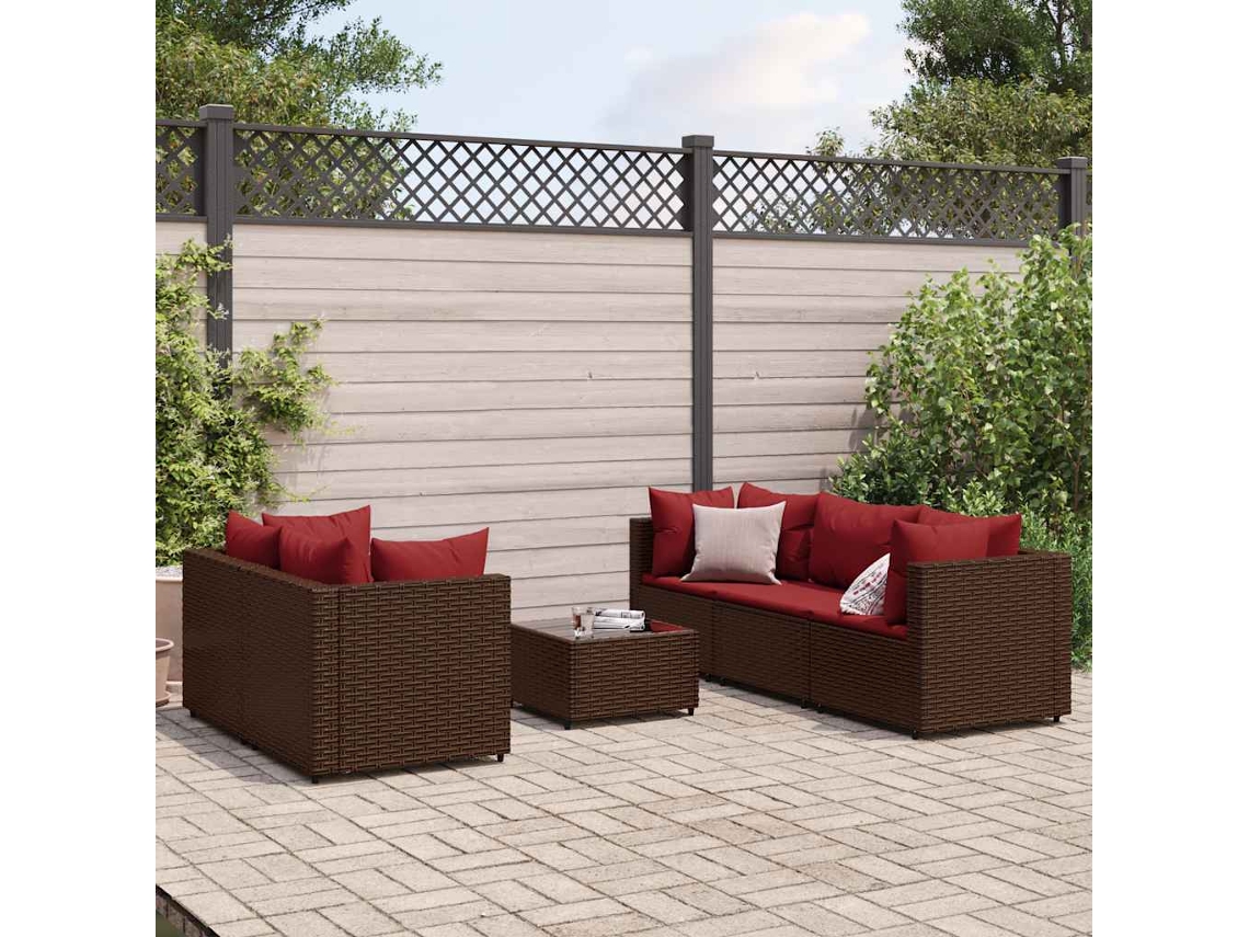 Vidaxl 6 Pcs Conj. Lounge Jardim C/ Almofadões 6 Pcs Vime Pe Castanho